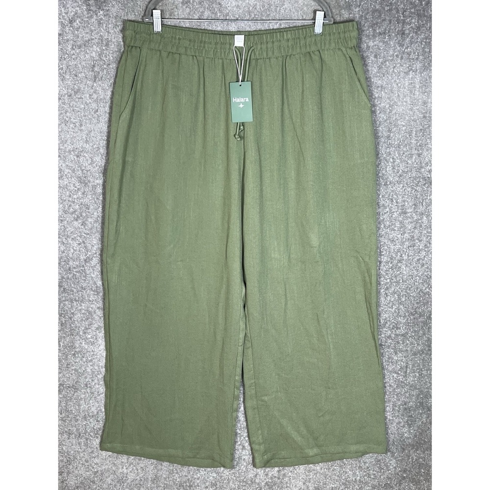 Halara High Waisted Drawstring Linen Feel Wide Leg Pants Womens Sz 2X Green New